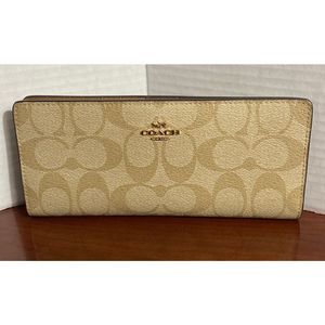 Coach Signature Beige Canvas Slim Wallet Tan Leather Interior